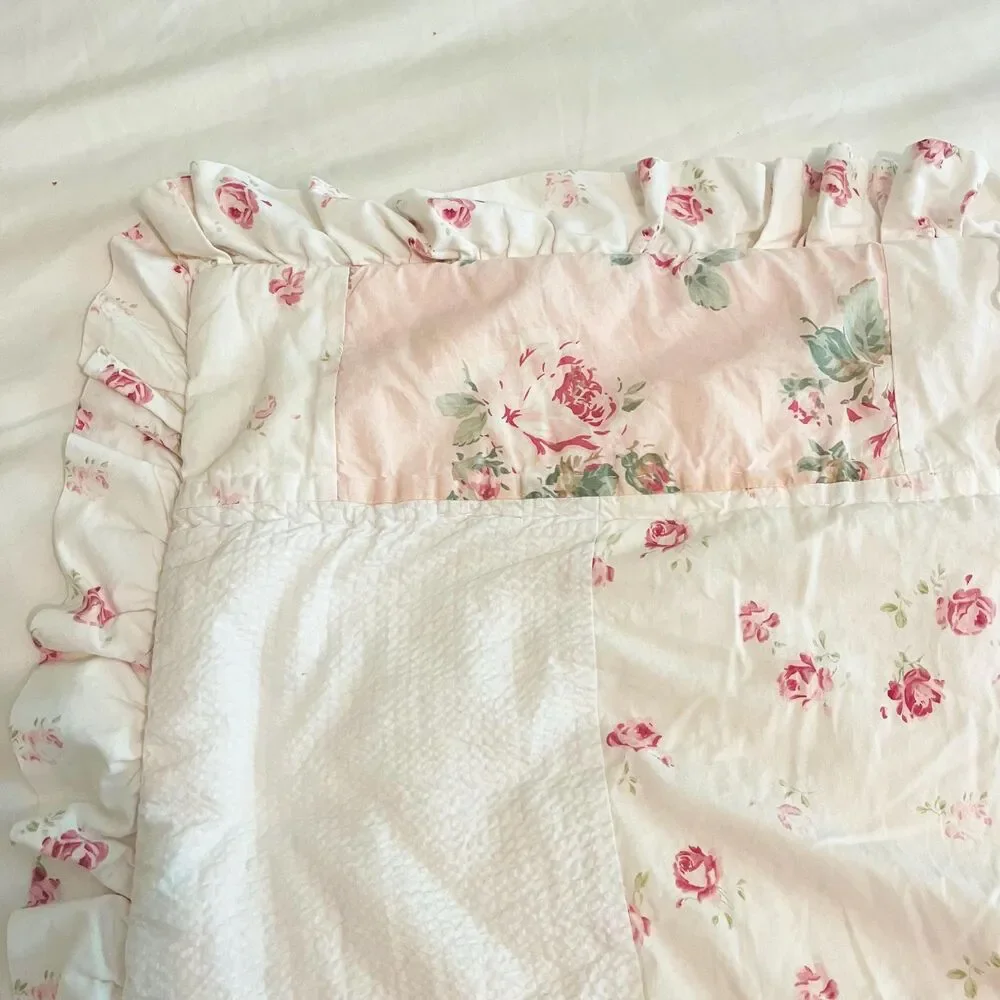 Vintage Simply Shabby Chic Pink Rose Floral Quilt Ruffled Throw Pillow Cover